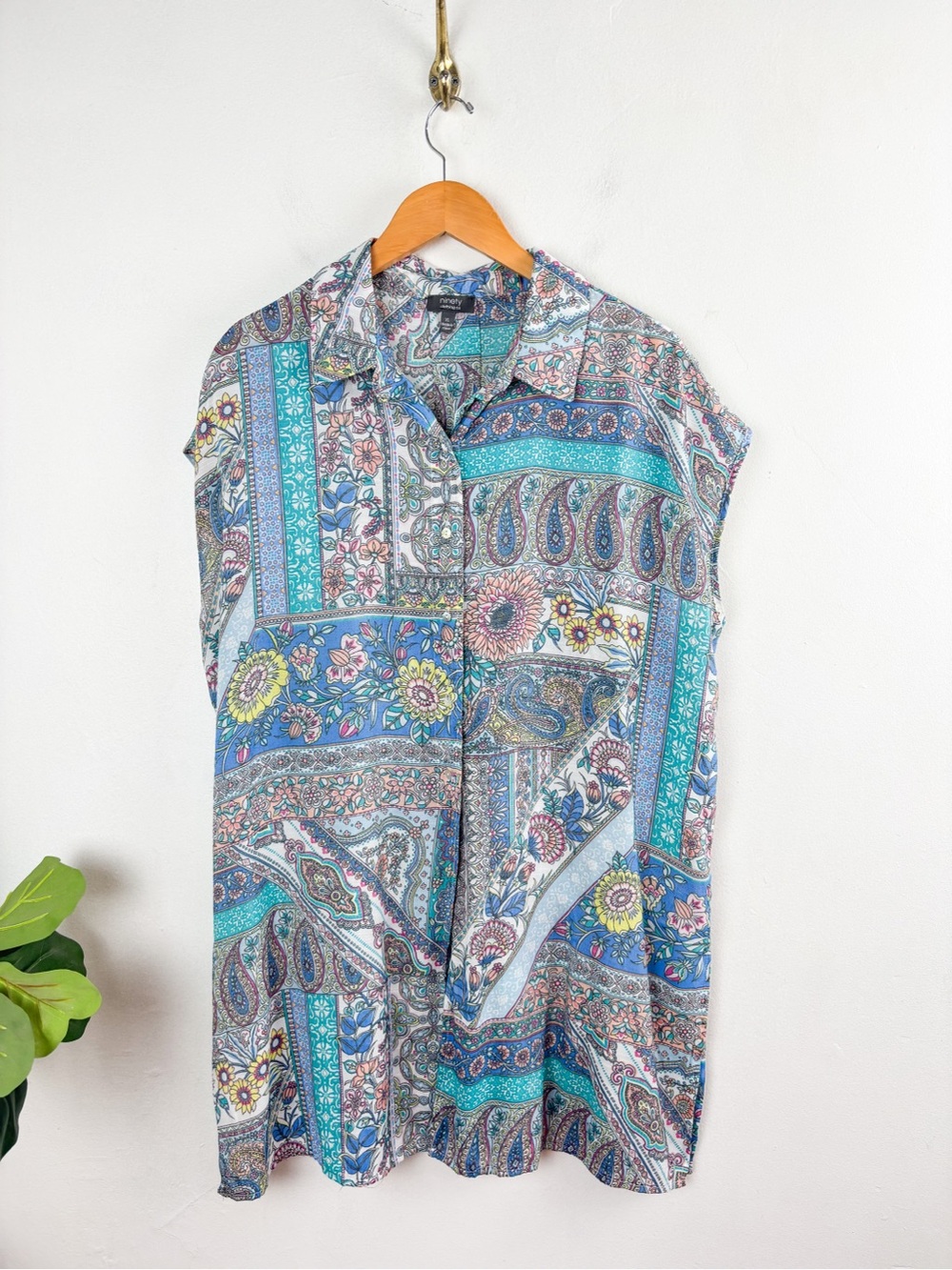 Ninety Clothing Co. Patchwork Mix Print Button Down Tunic Top Sz XL